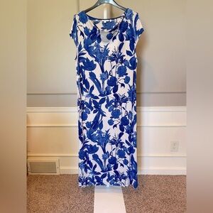 Chico's Dress 3 Traveler's XL Cowl Neck Maxi blue white floral sleeveless NWOT